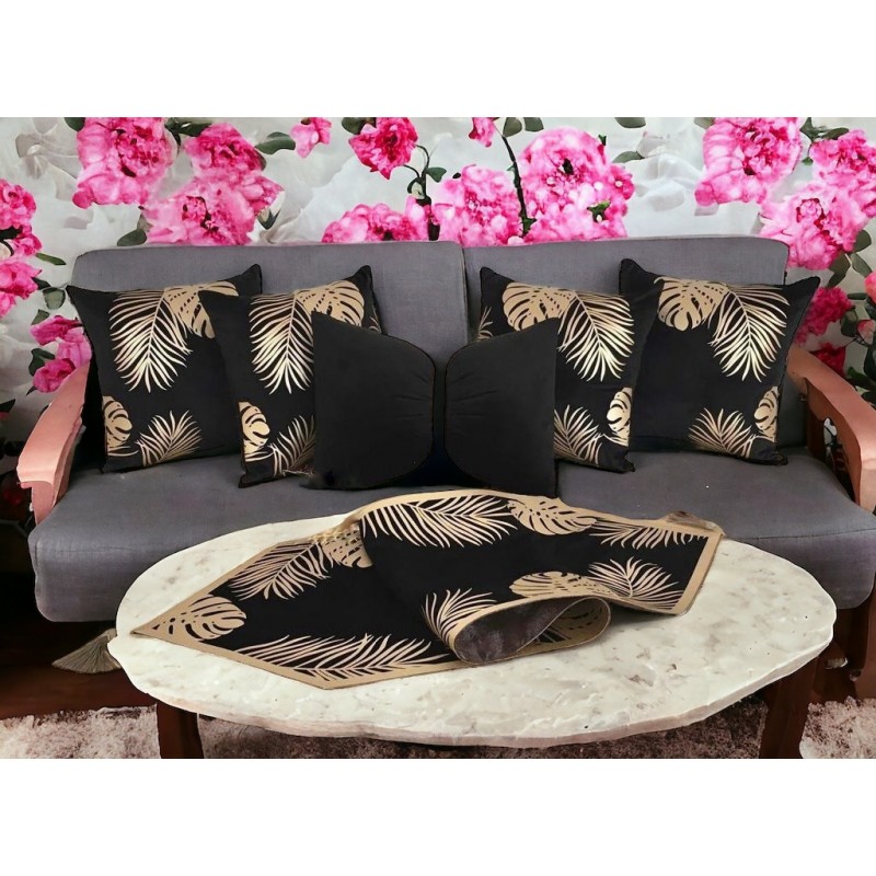 LUXURY DECORATIVE 6 PIECE SET LEATHER AND VELVET CUSHION COVER AND RUNNER